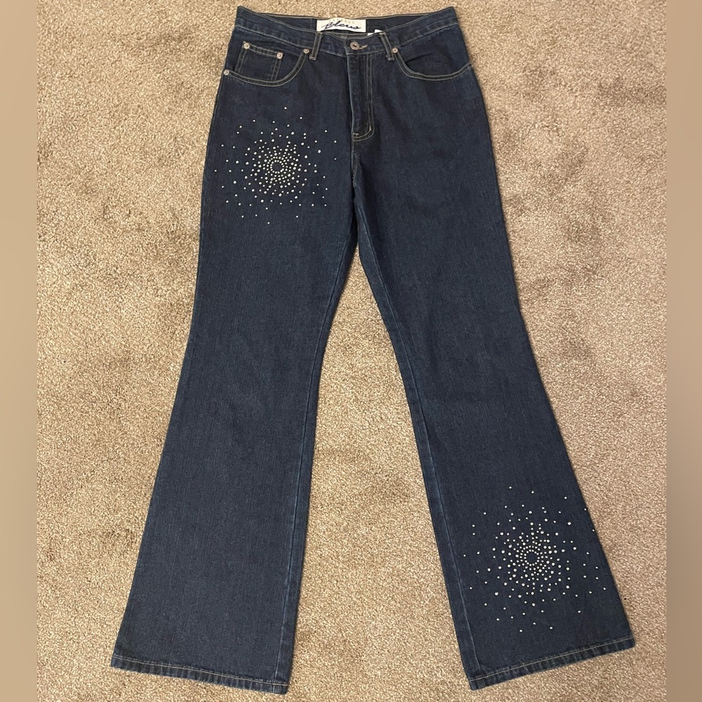 Express Bleus  Vintage Flare  Jeans Embellished With Starburst Rhinestones Y2K